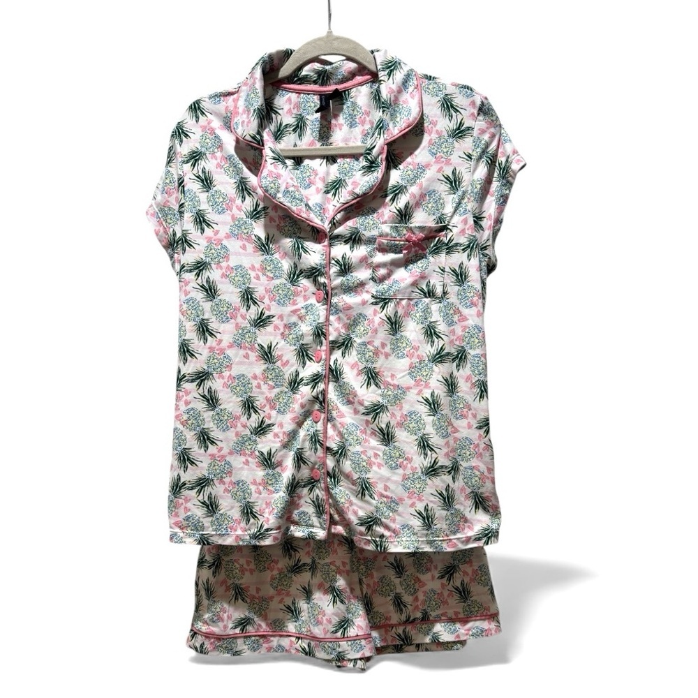Cynthia Rowley Pineapple Floral Pajama Set Size L Pink Green Short Sleeve